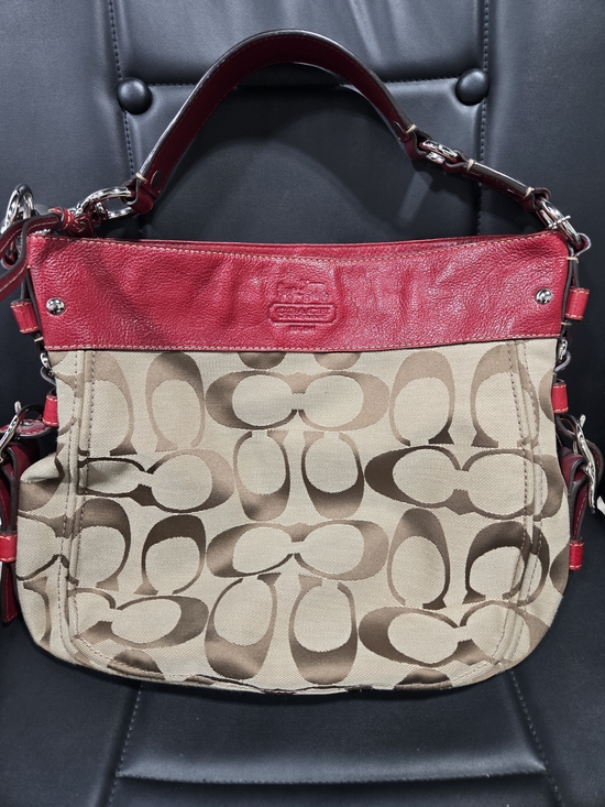 Coach Handbags - Coach Beige Signature Canvas Shoulder Bag with Red Trim
